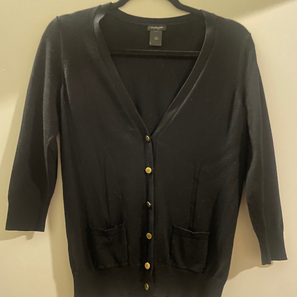 Ann Taylor Classic Black Cardigan with Gold Buttons
